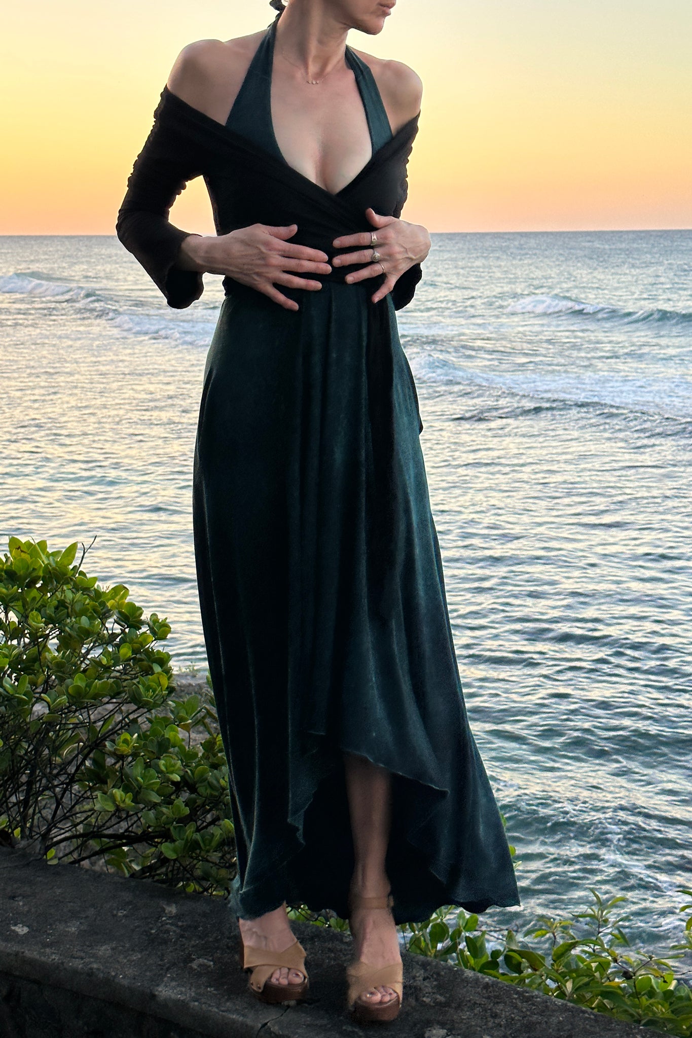 harmony vneck halter dress in blue mineral styled with black rappa