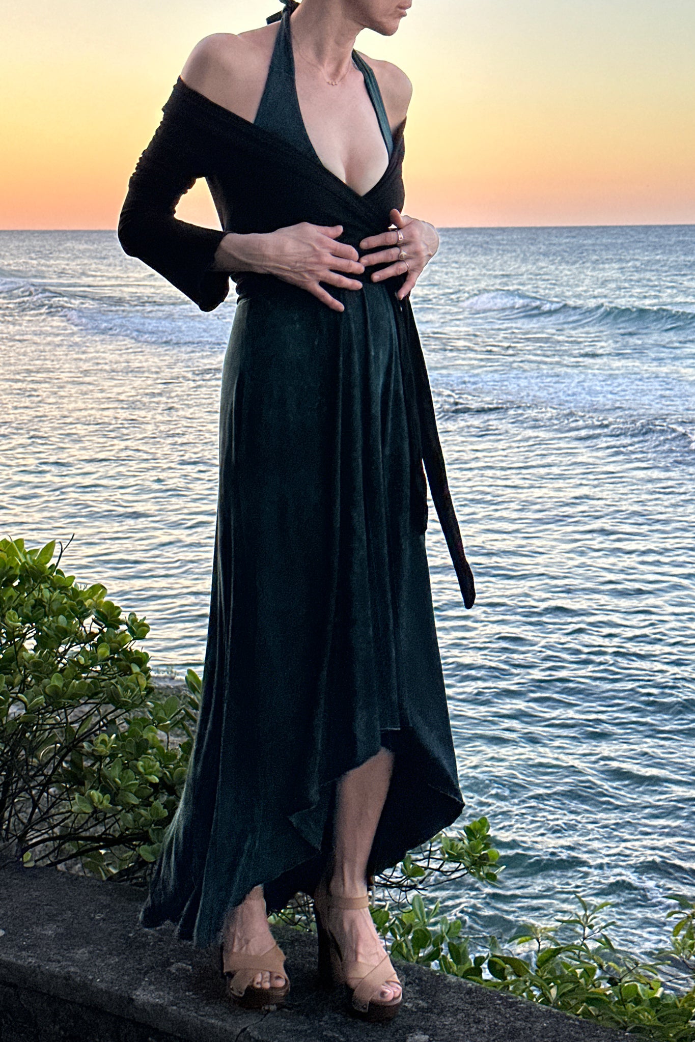 angelrox® harmony vneck halter dress in blue mineral styled with black rappa