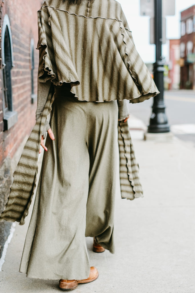 girly wrap + hug in country stripe with the palazzo pant and opera sleeves in gold shimmer
