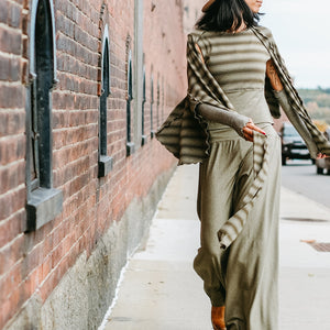 girly wrap + hug in country stripe with the palazzo pant and opera sleeves in gold shimmer