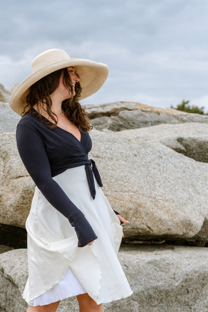 suger® rappa jacket in navy styled with white + milk dancer