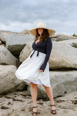 suger® rappa jacket in navy styled over white + milk dancer