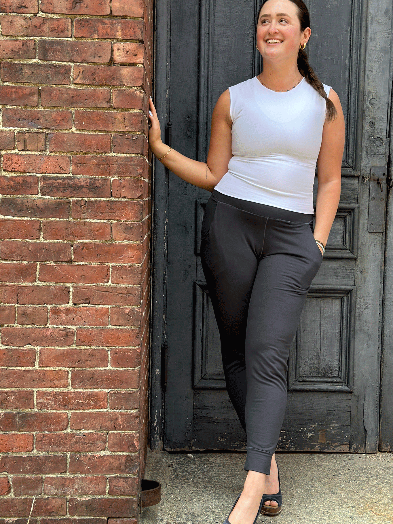 suger® hug in white styled with carbon joggers