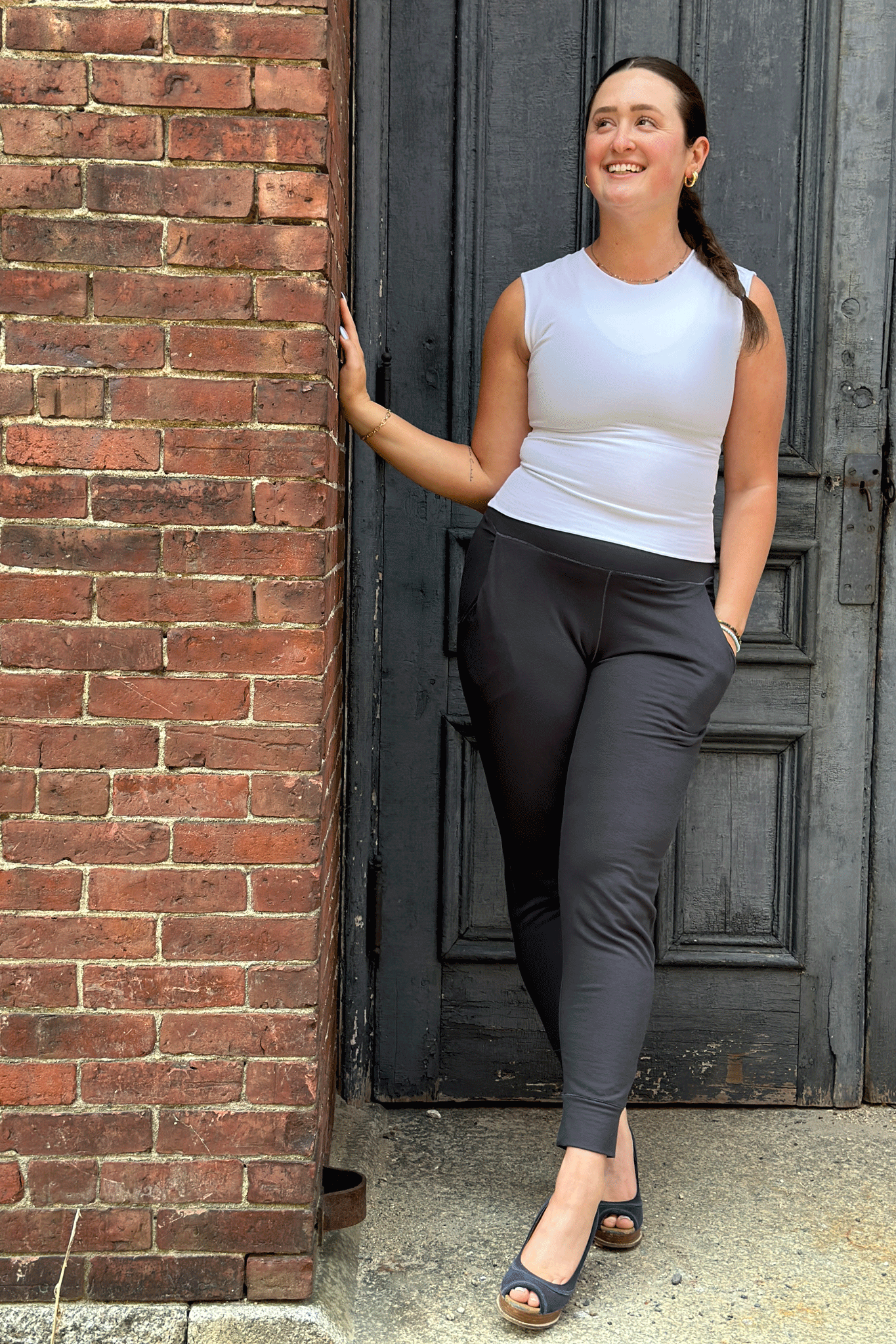 suger® hug in white styled with carbon joggers