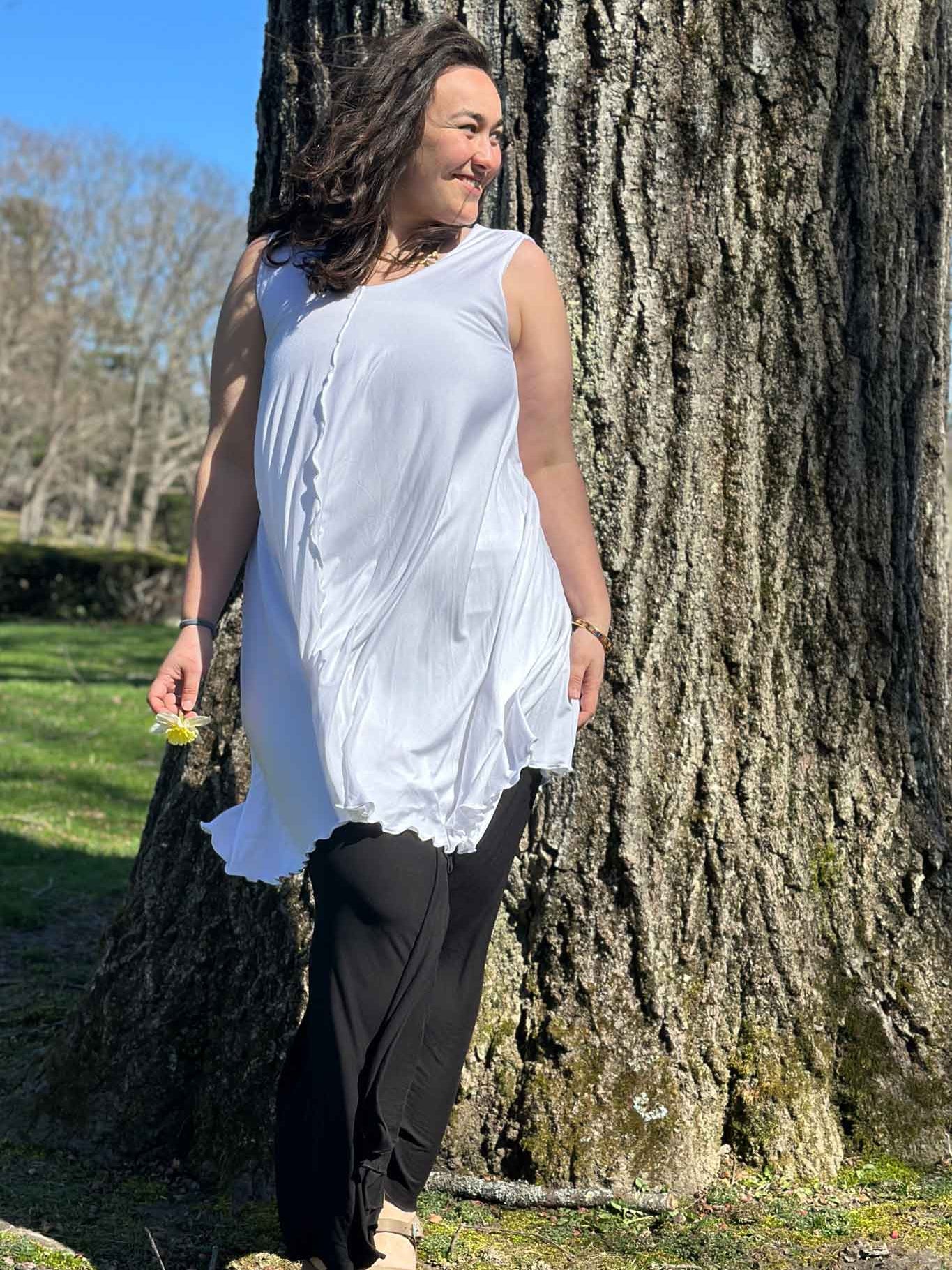 angelrox® dixie dress in tissue white with palazzo pant in black