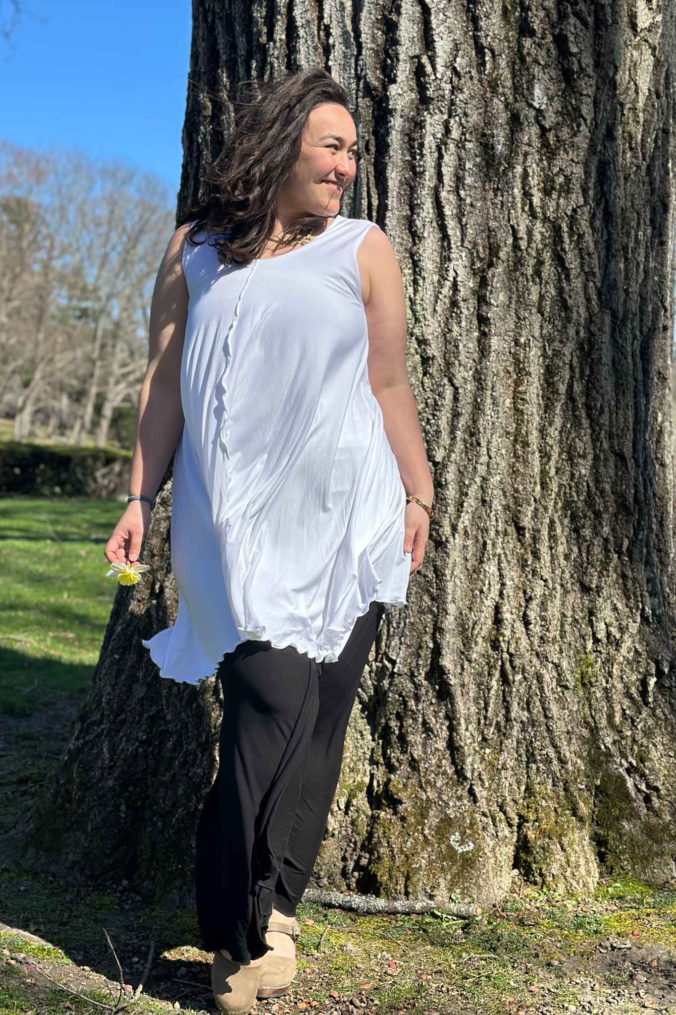 angelrox® dixie dress in tissue white with palazzo pant in black