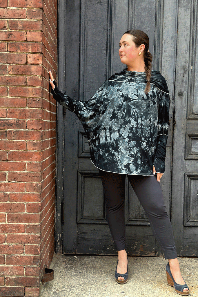 suger® mountain cowl neck tunic in ocean crush styled with carbon joggers