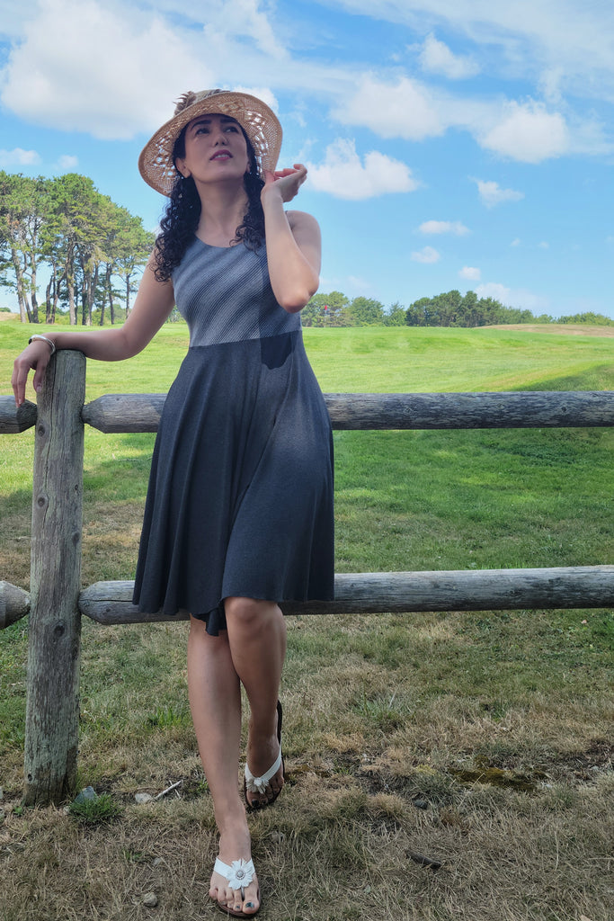 sail away dress in city stripe + lava heather combo