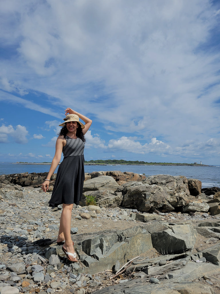 sail away dress in city stripe + lava heather combo