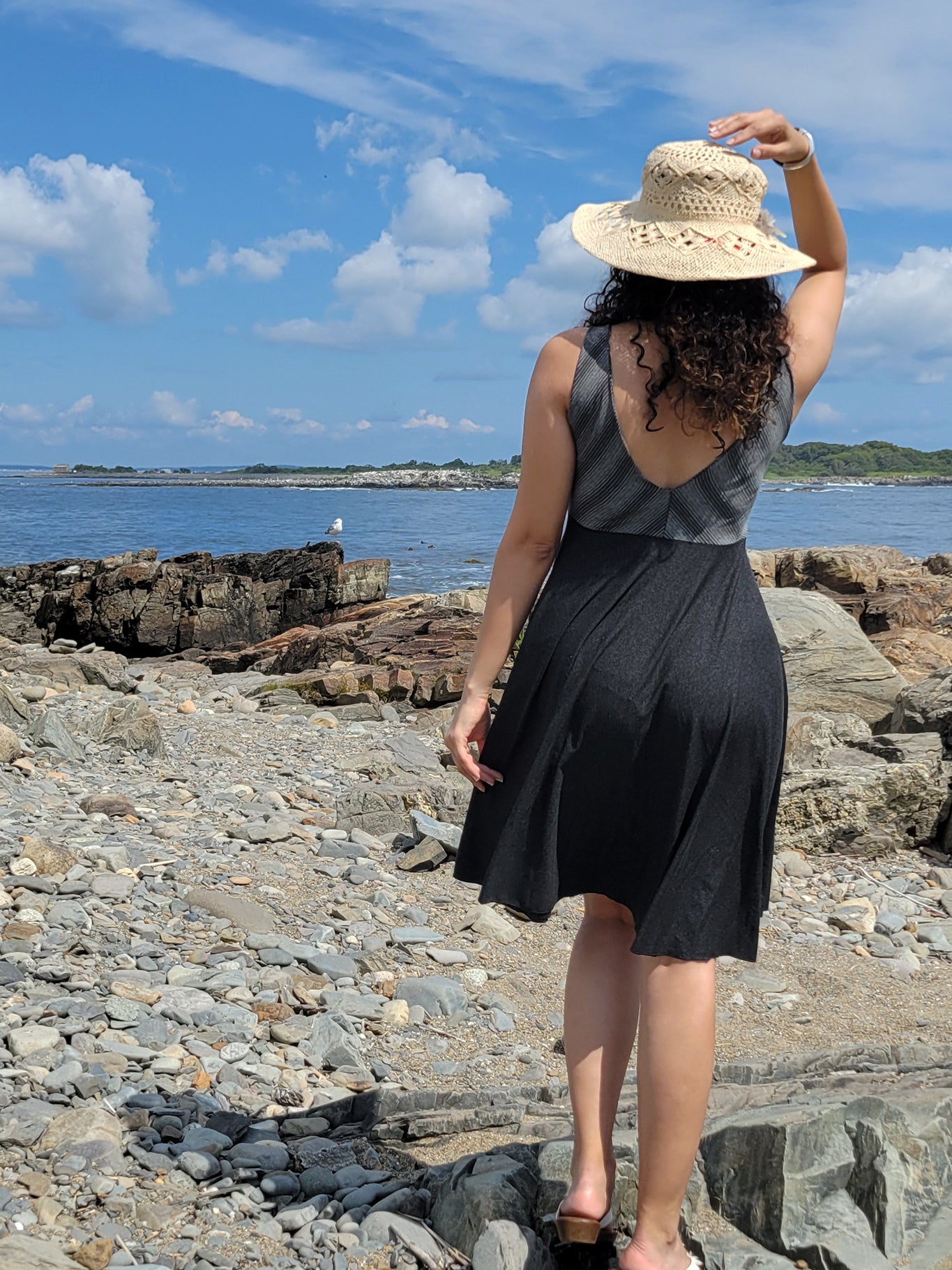 sail away dress in city stripe + lava heather combo