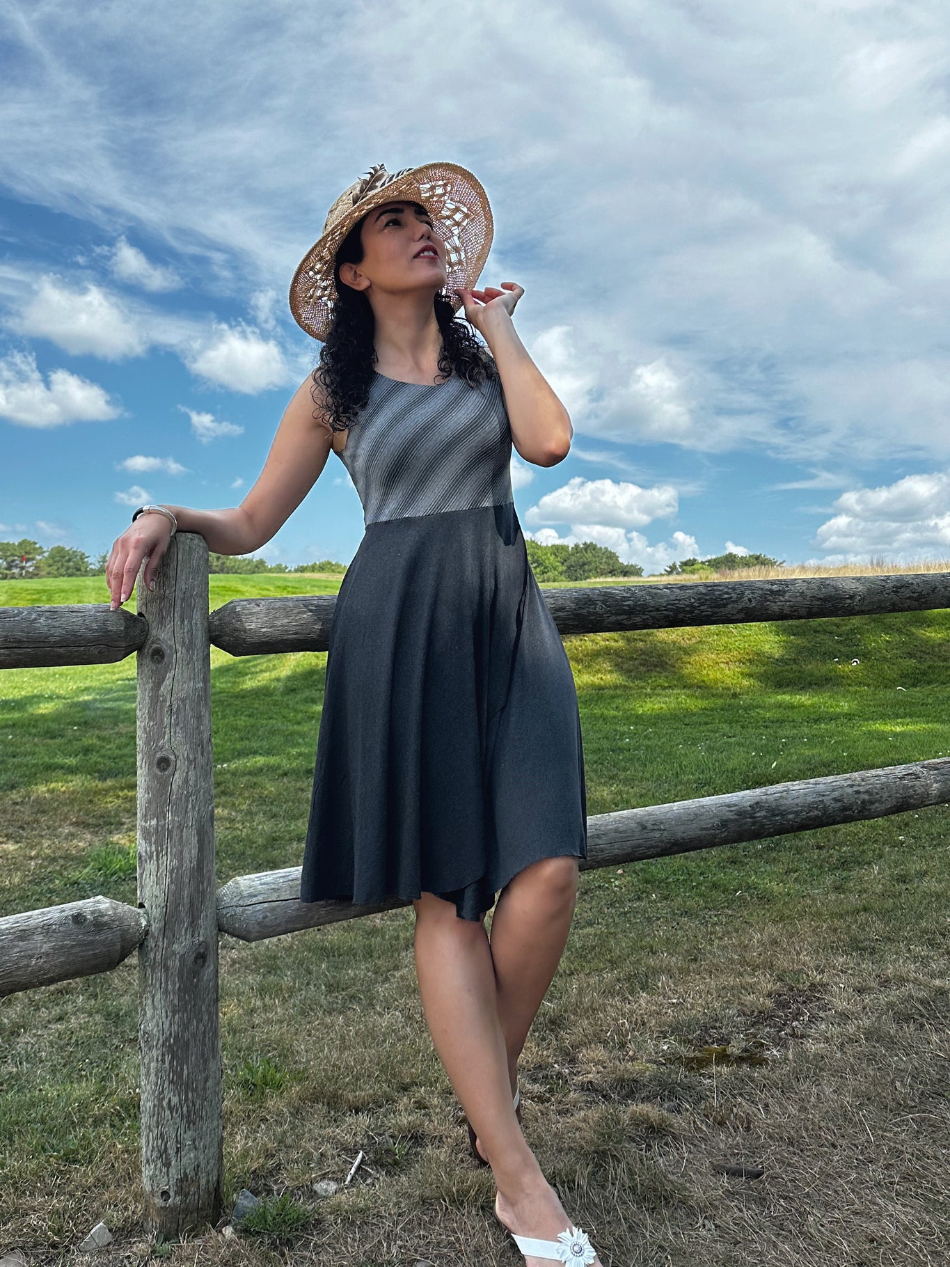 sail away dress in city stripe + lava heather combo