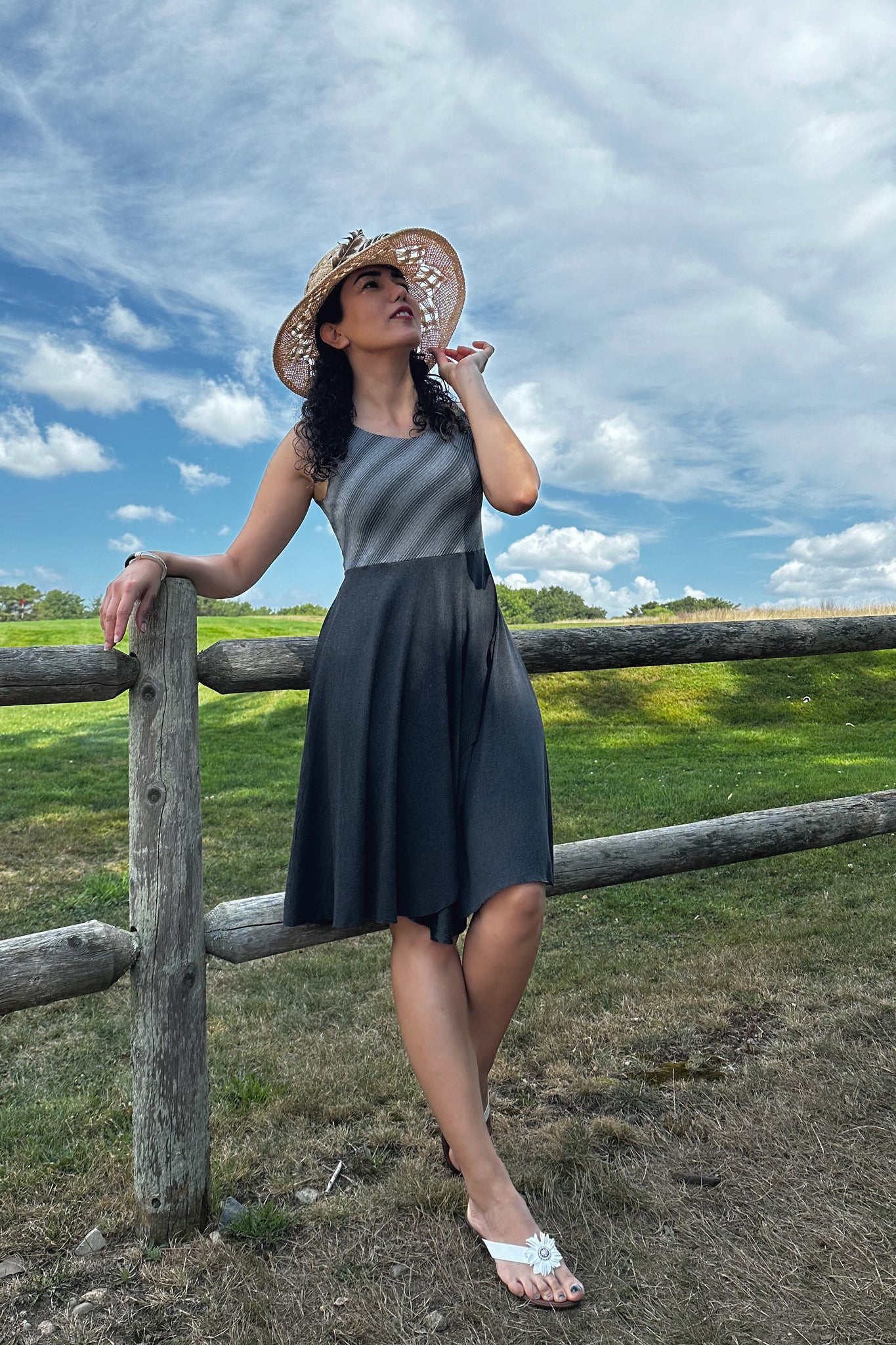 sail away dress in city stripe + lava heather combo