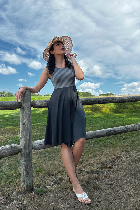 sail away dress in city stripe + lava heather combo