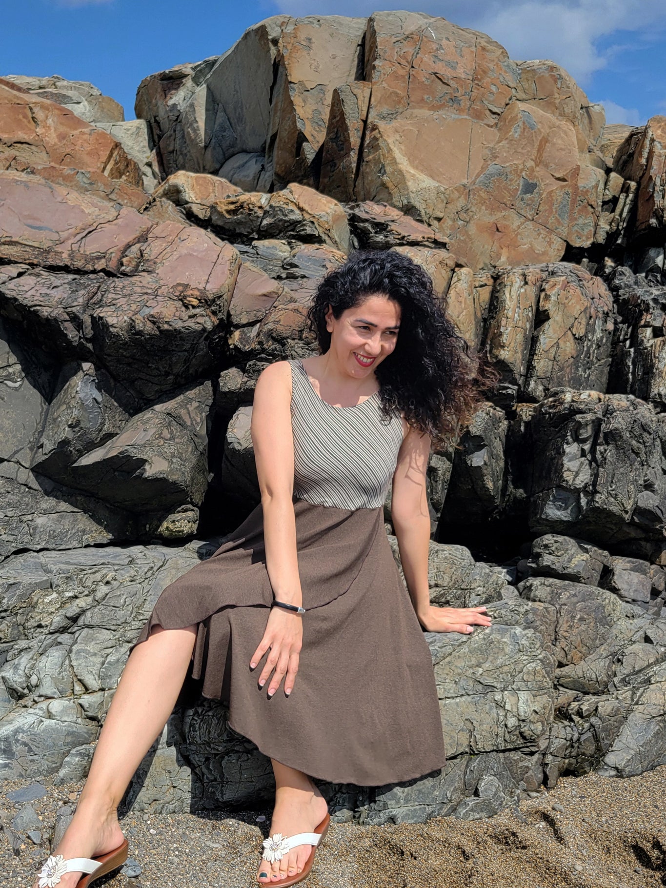 sail away dress in earth stripe + espresso heather combo