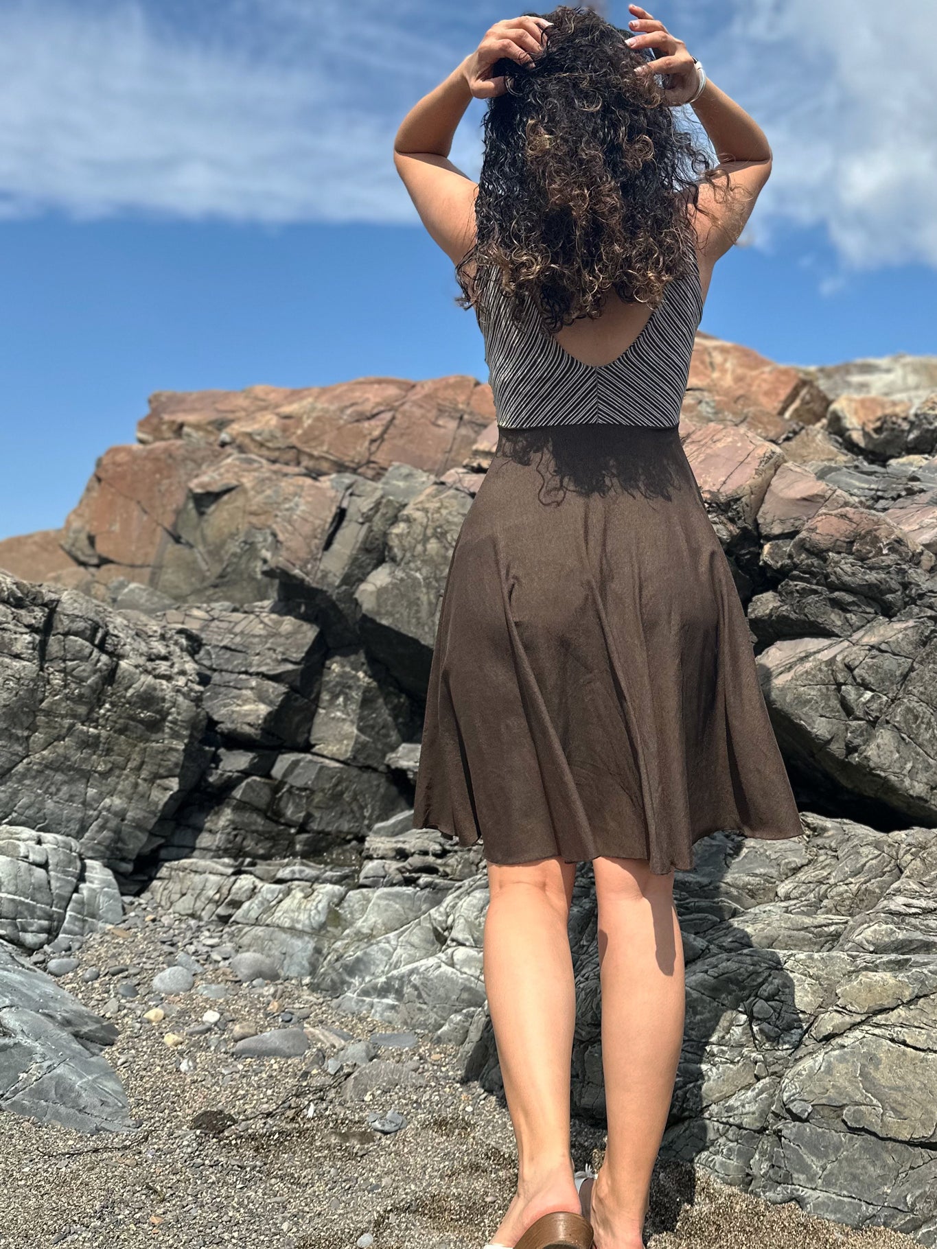 sail away dress in earth stripe + espresso heather combo