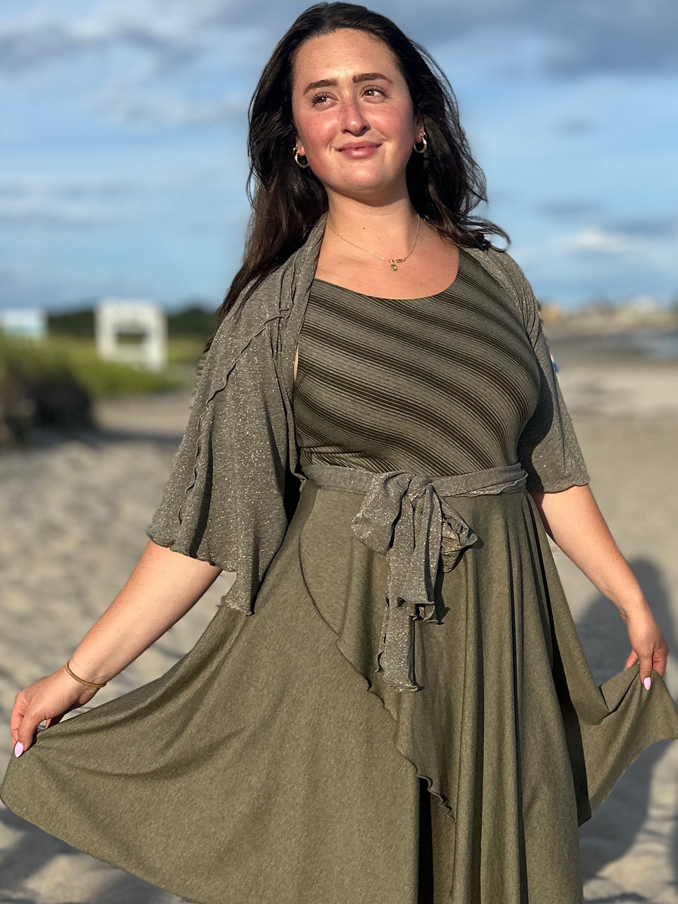 sail away dress in country stripe + sage heather combo with the gold shimmer girly wrap