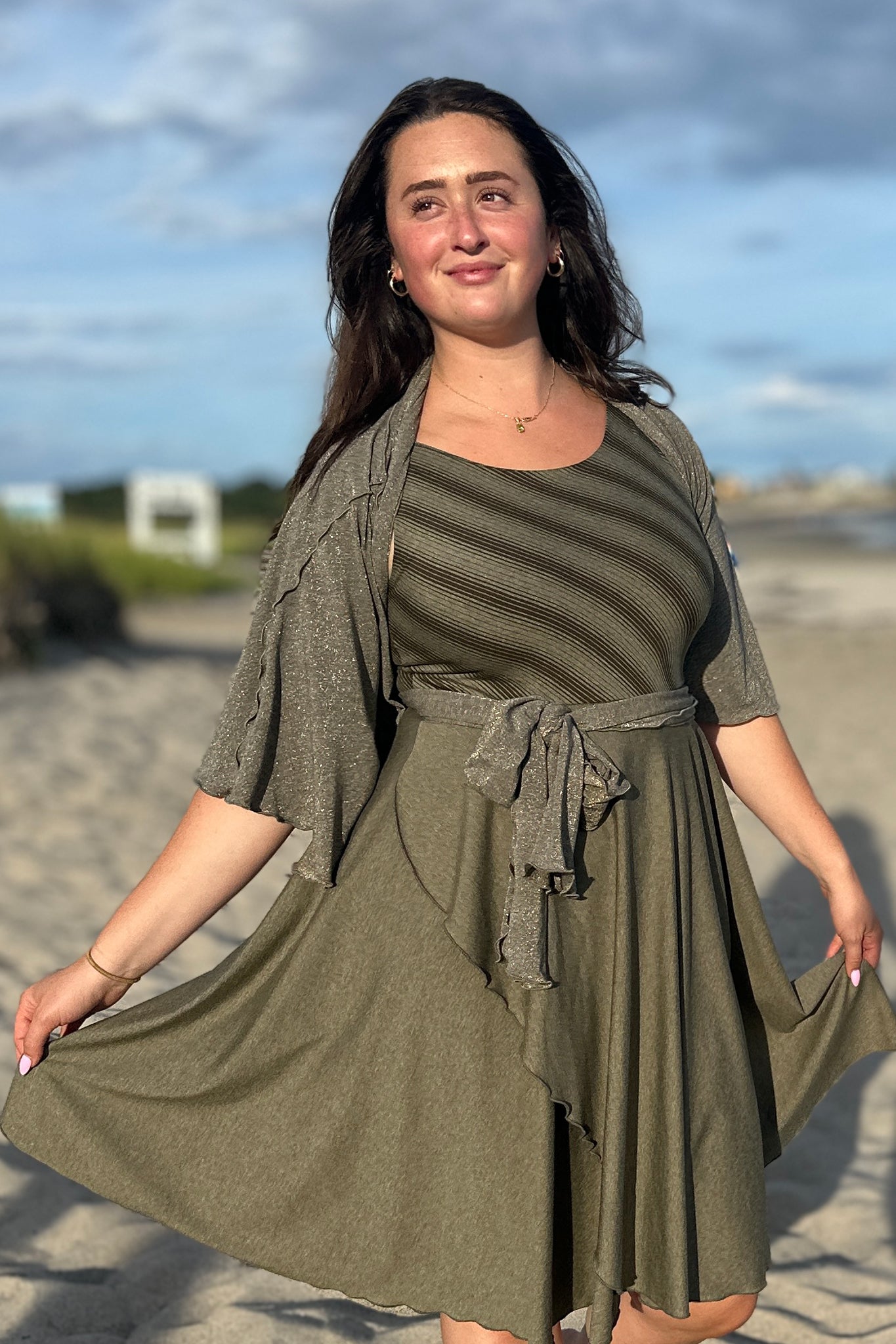 sail away dress in country stripe + sage heather combo with the gold shimmer girly wrap