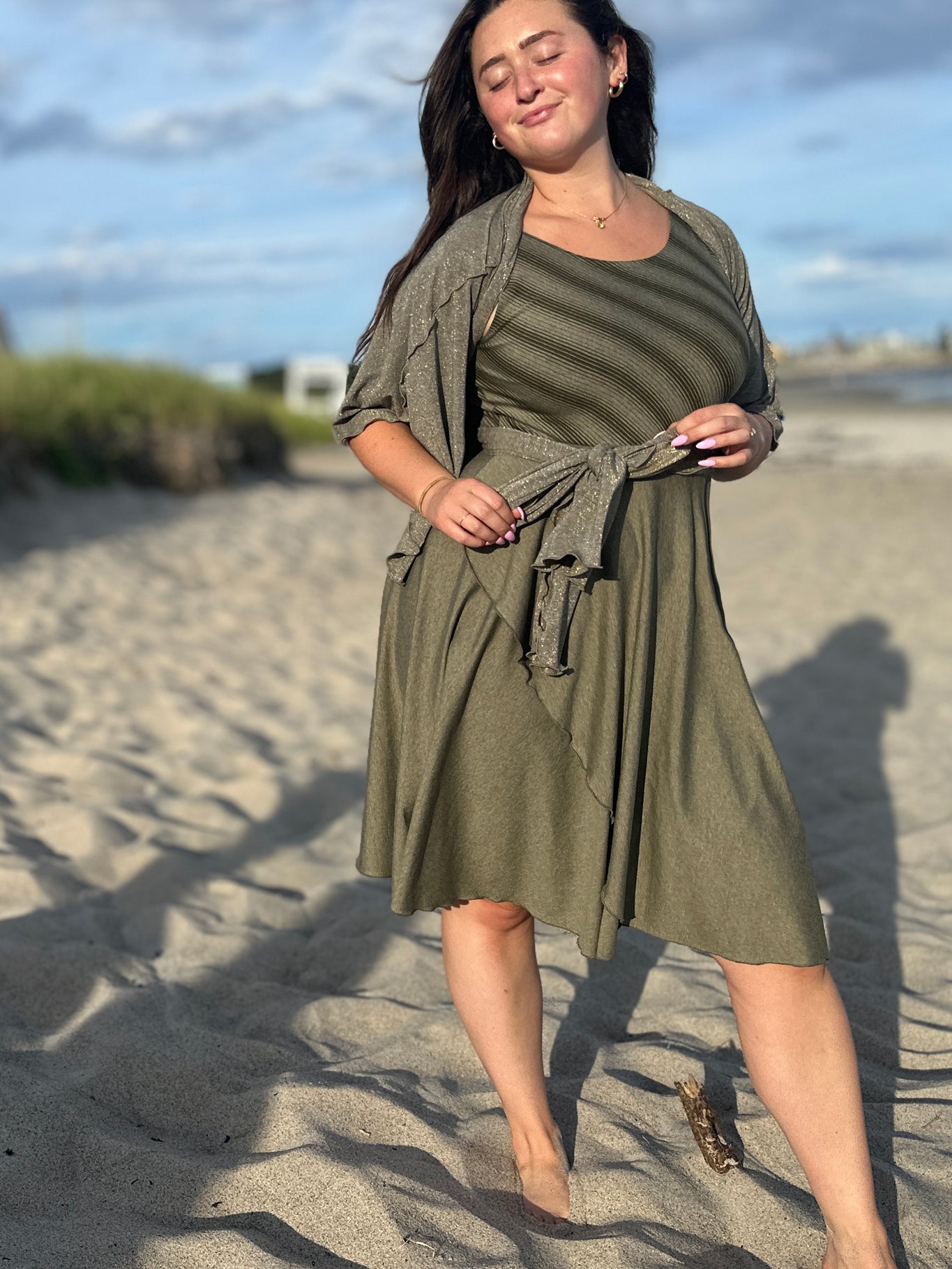 sail away dress in country stripe + sage heather combo with the gold shimmer girly wrap