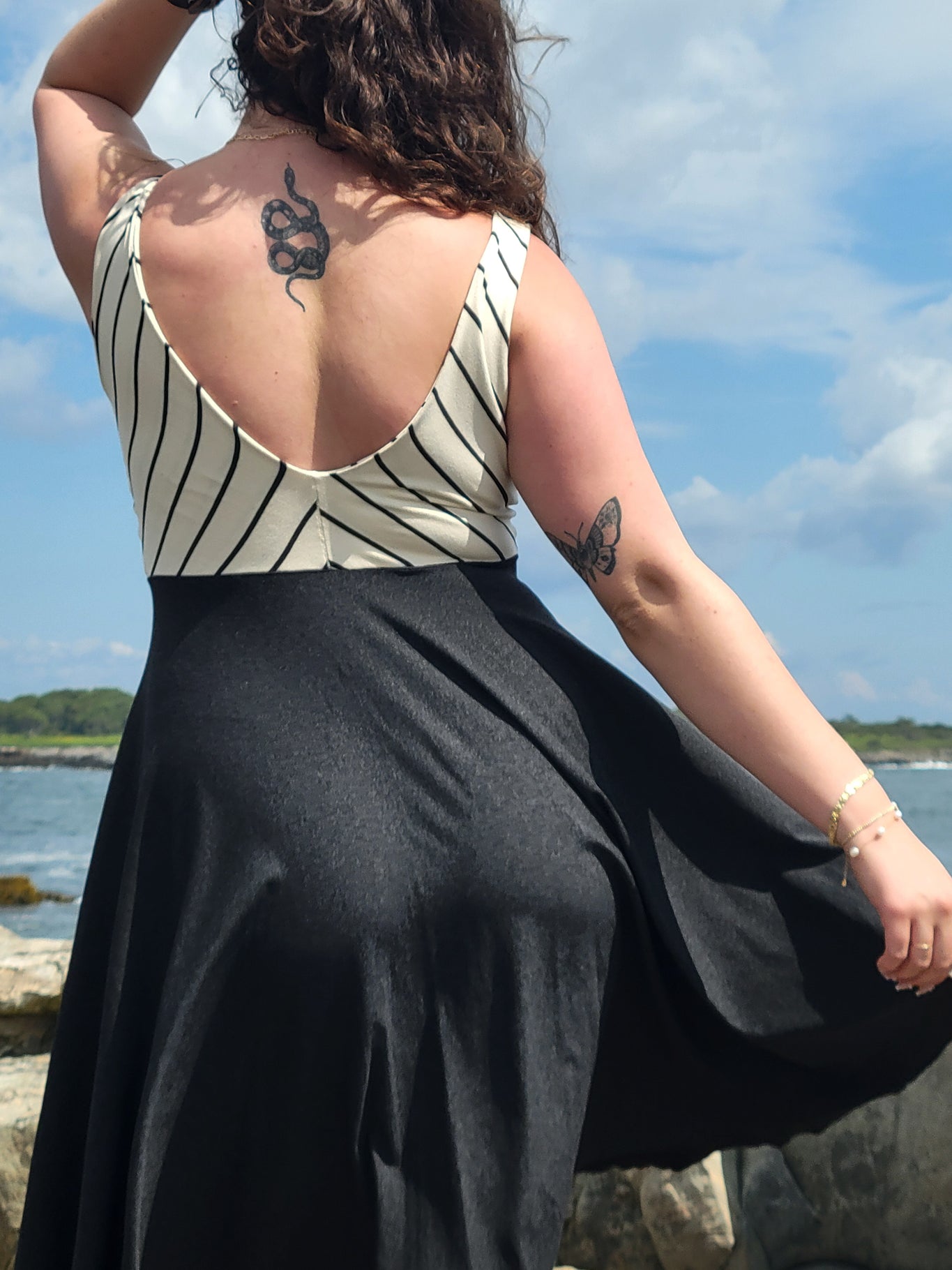 sail away dress in yang stripe + lava heather combo