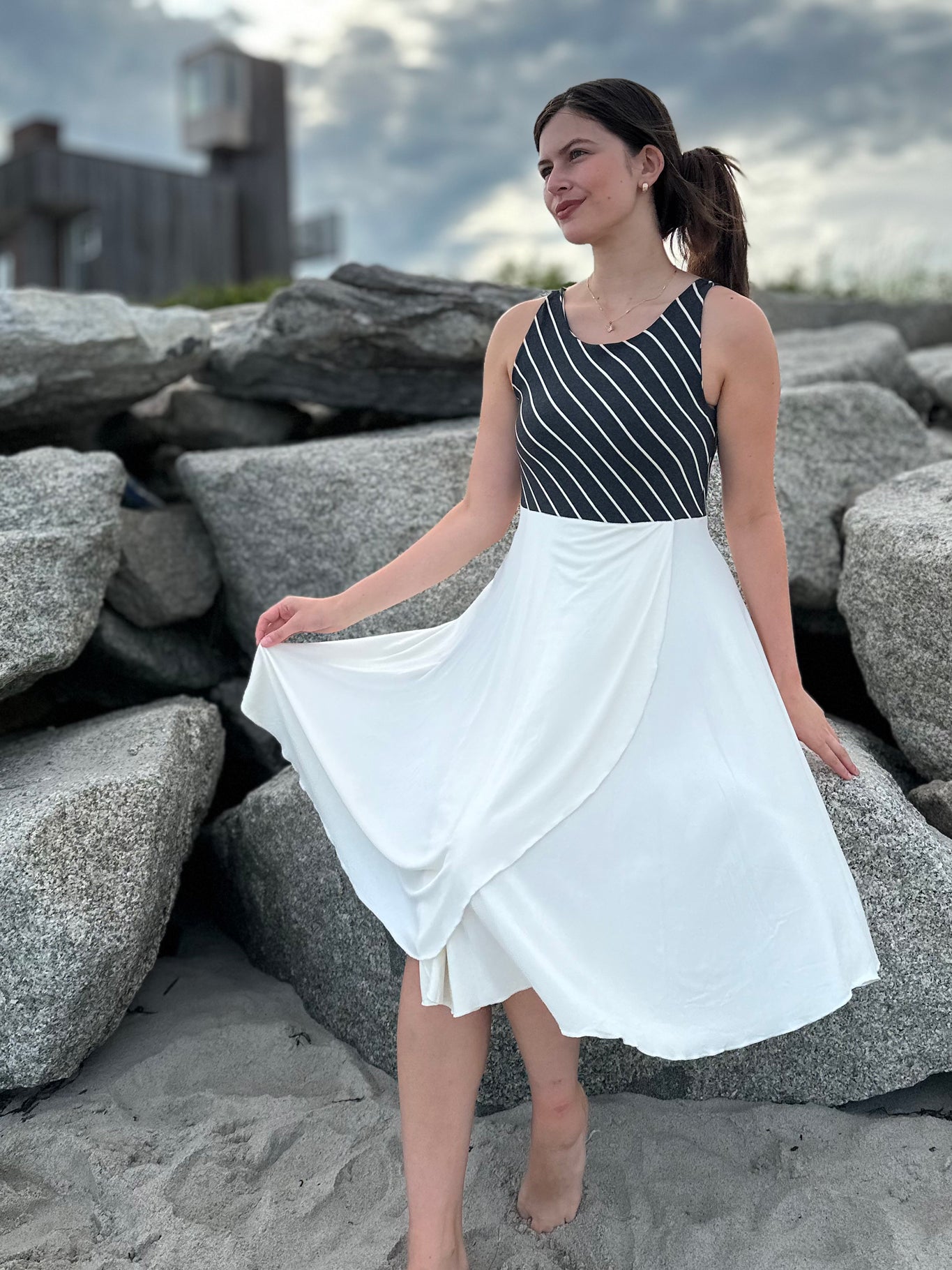sail away dress in yin stripe + milk bamboo combo 