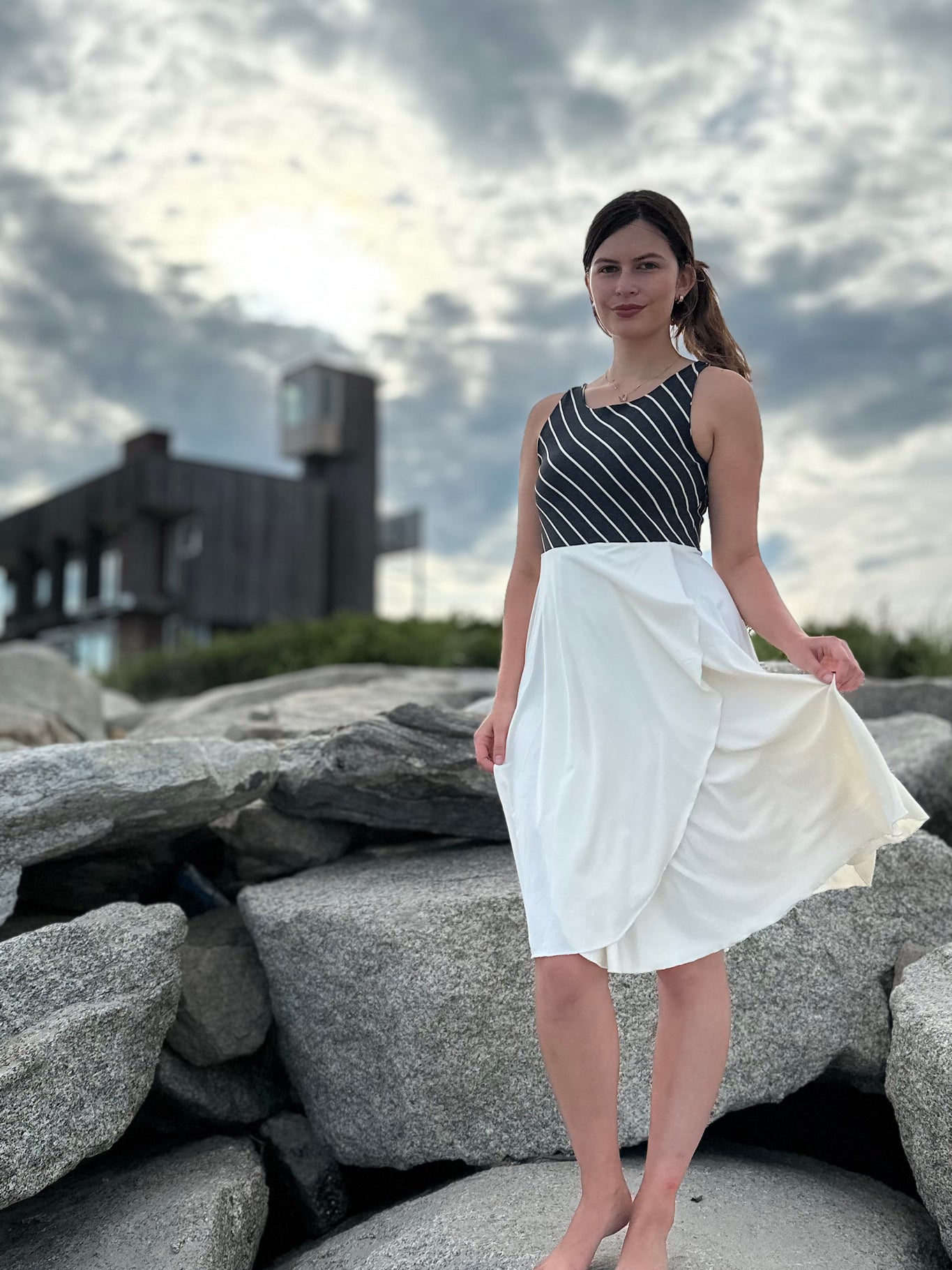 sail away dress in yin stripe + milk bamboo combo 