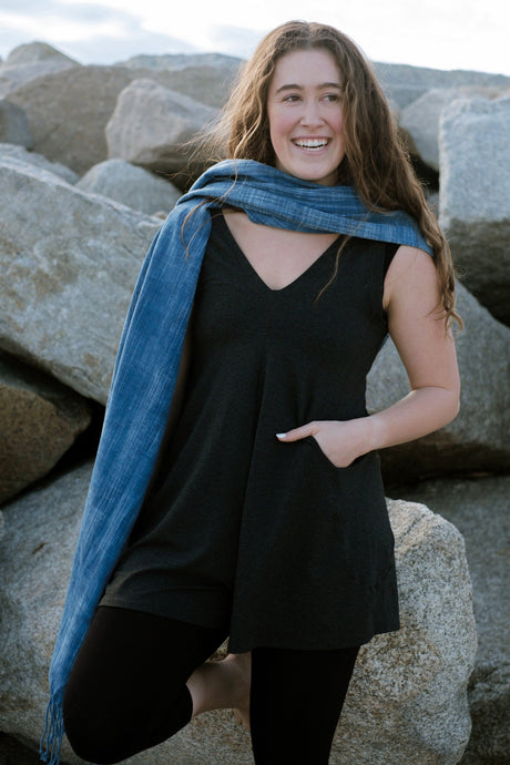 suger® sun blessed cotton shawl styled with lava sprout + black capri