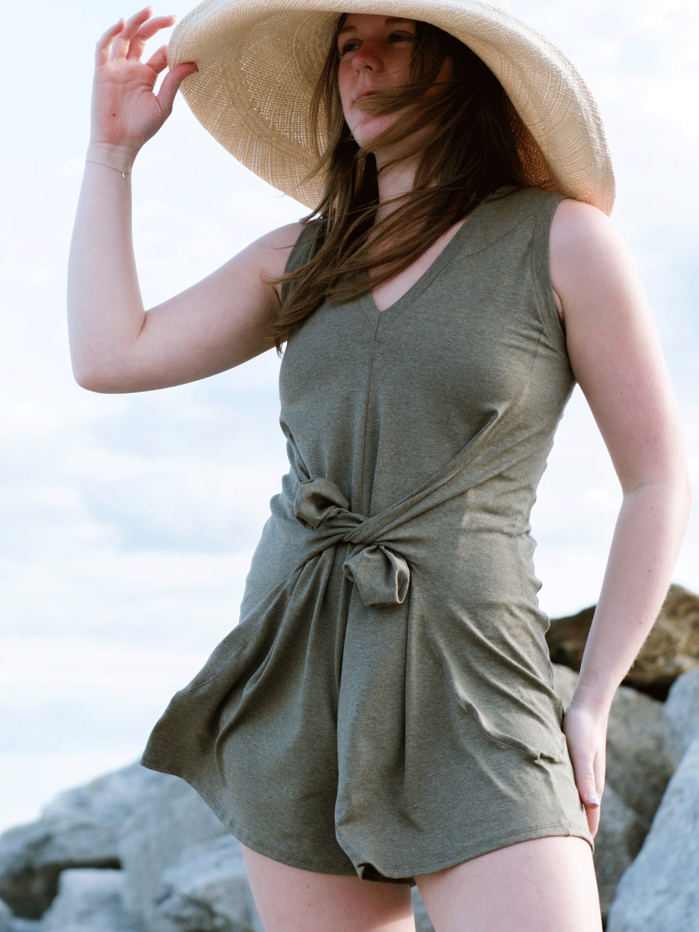 suger® sprout in sage with pockets pulled out and  tied in front