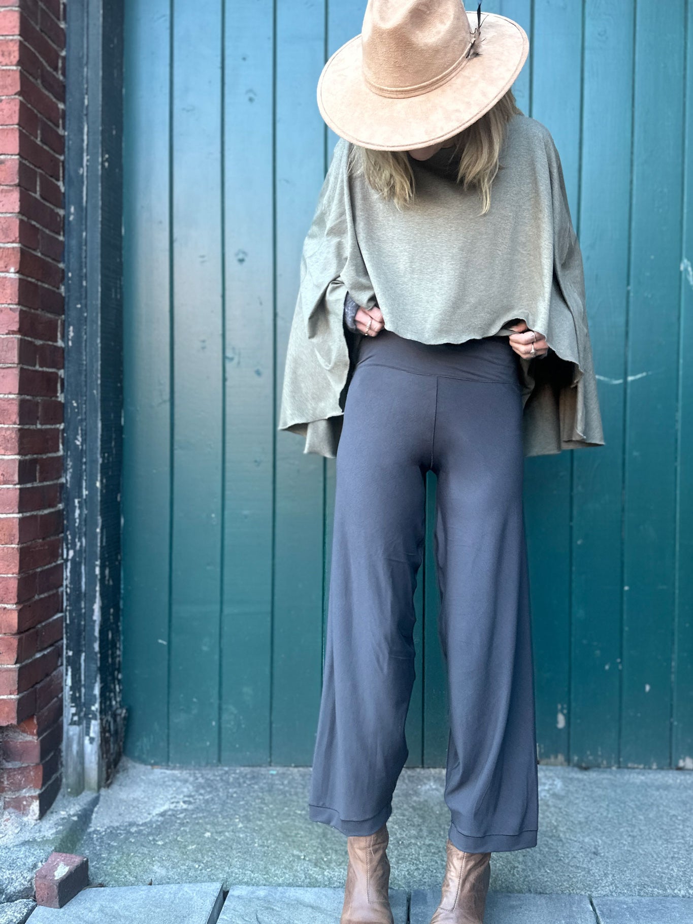 mantra is sage heather with bloom pant in dusk bamboo