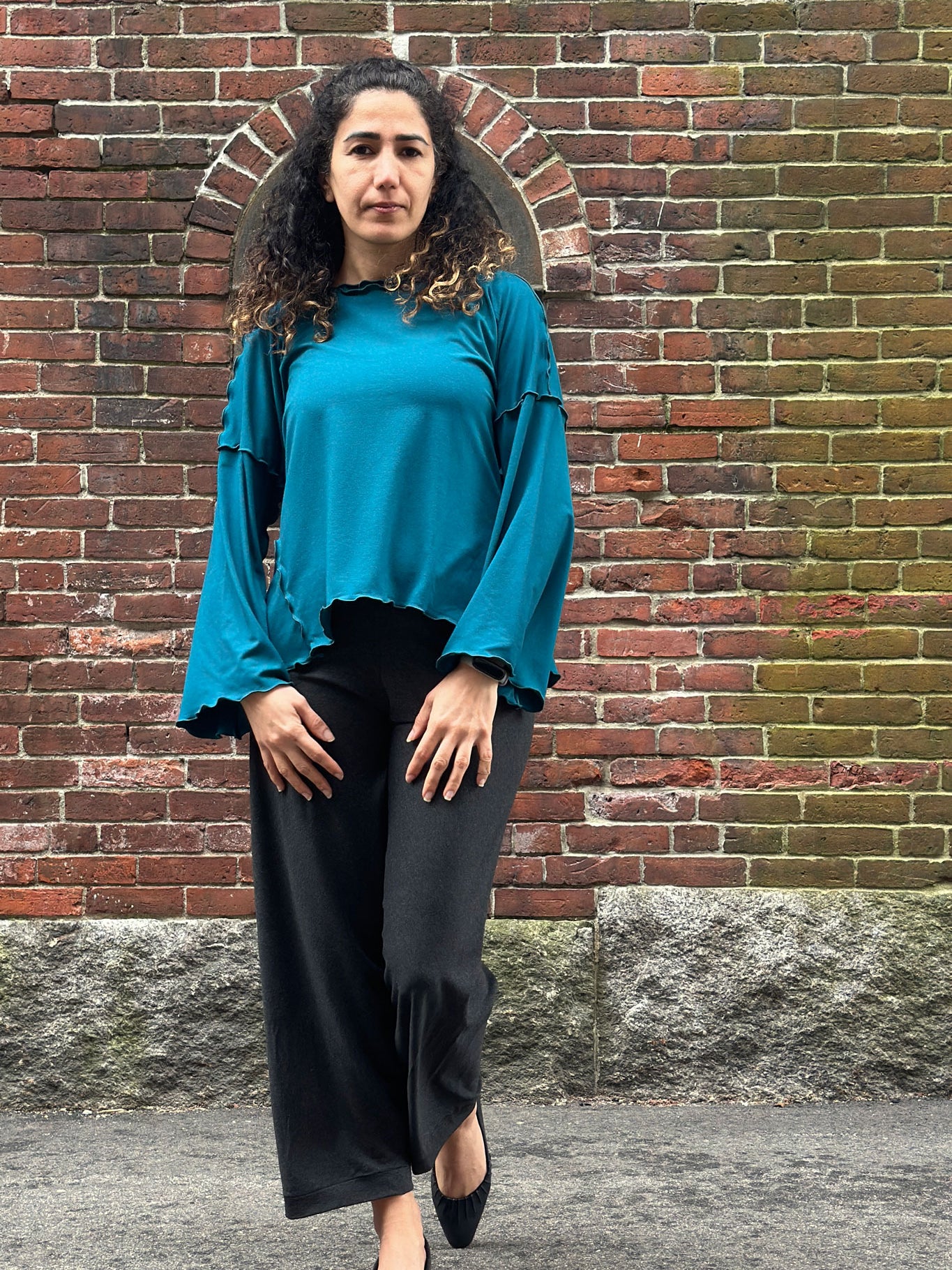 bloom pant in lava with the truly in azure bamboo