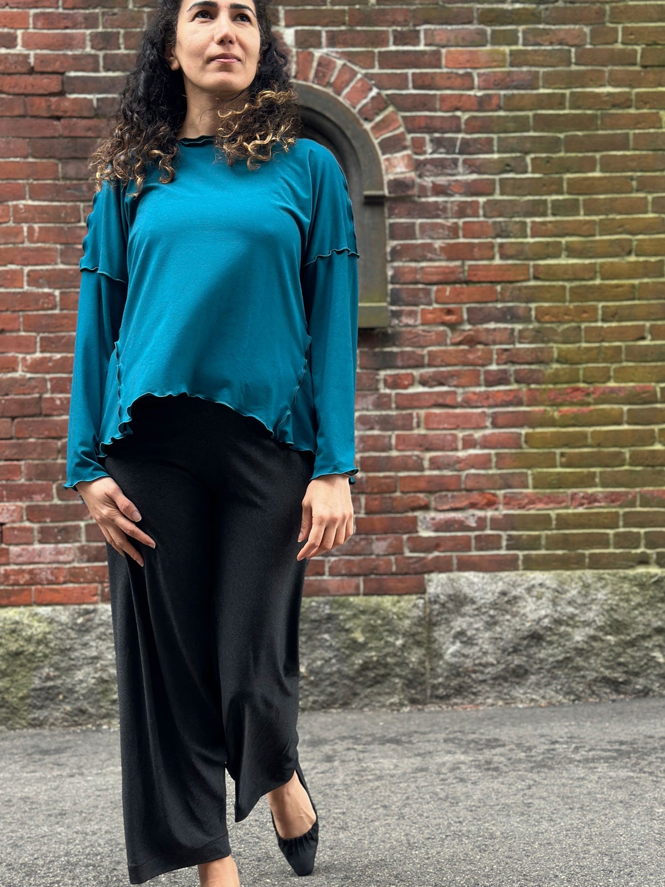 bloom pant in lava with the truly in azure bamboo