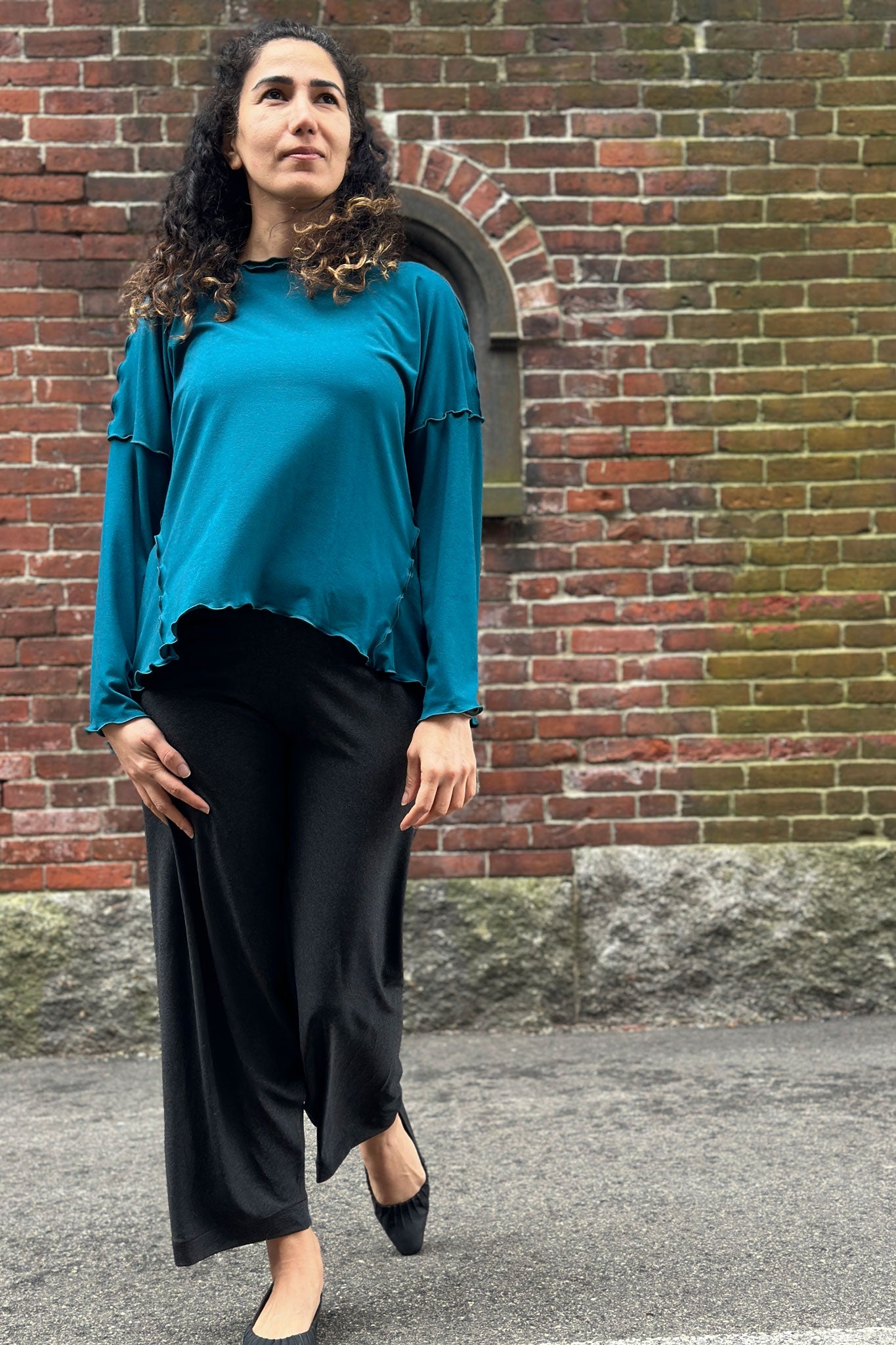 bloom pant in lava with the truly in azure bamboo