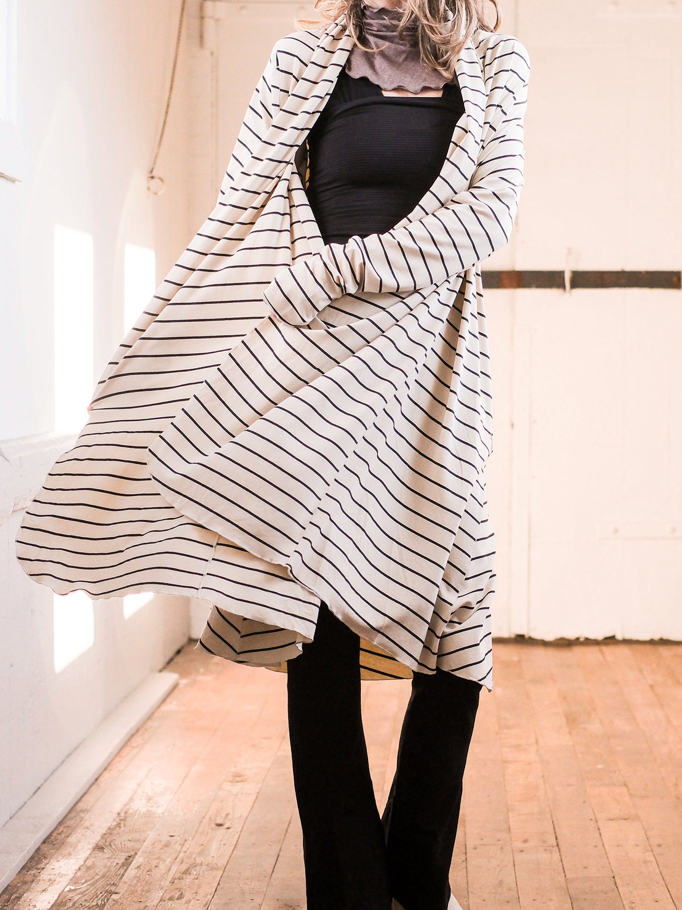 yang stripe riding coat with black yogi pant