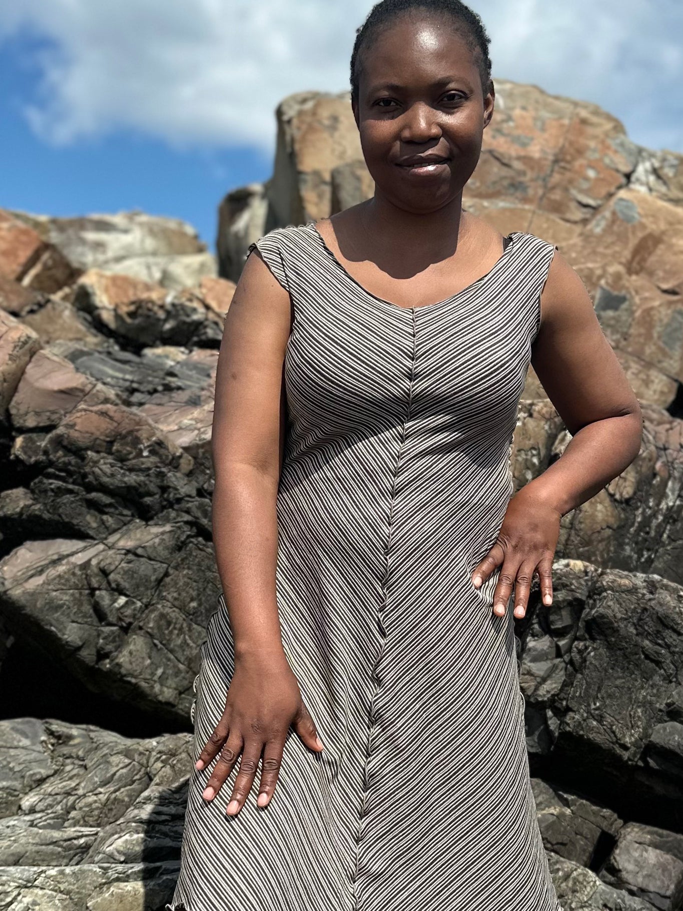 angelrox® flare bias vneck dress in earth stripe