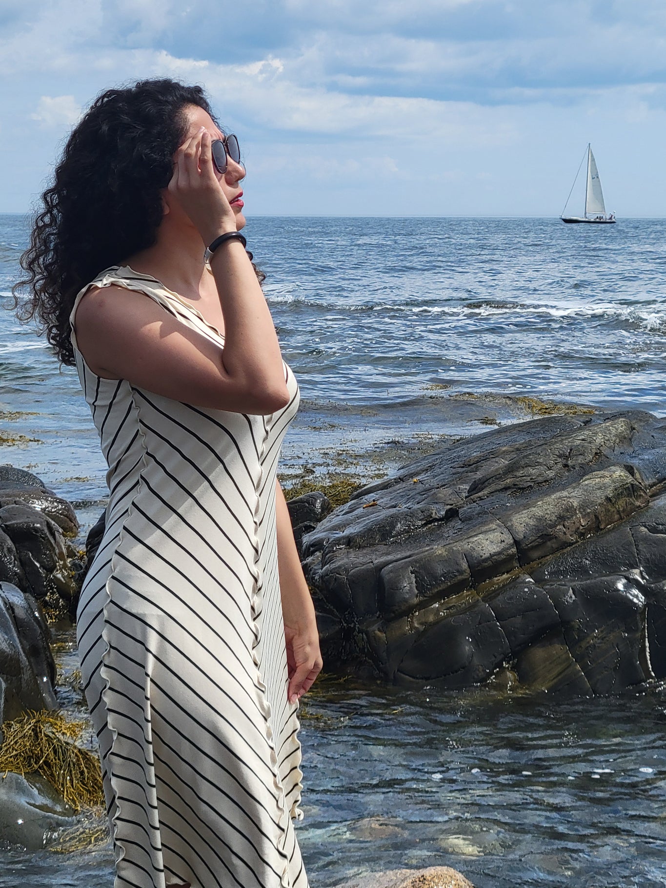 angelrox® flare bias vneck dress in yang stripe