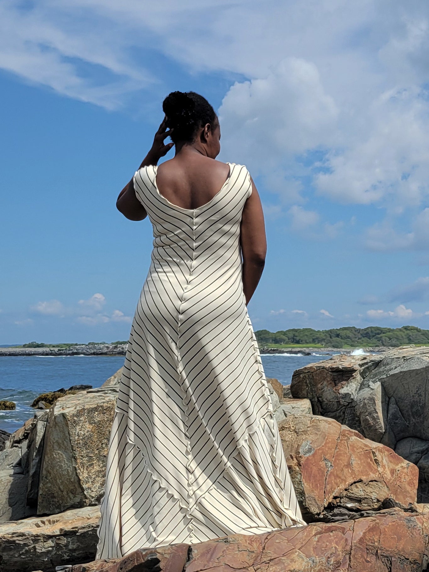 gleam bias vneck gown in yang stripe