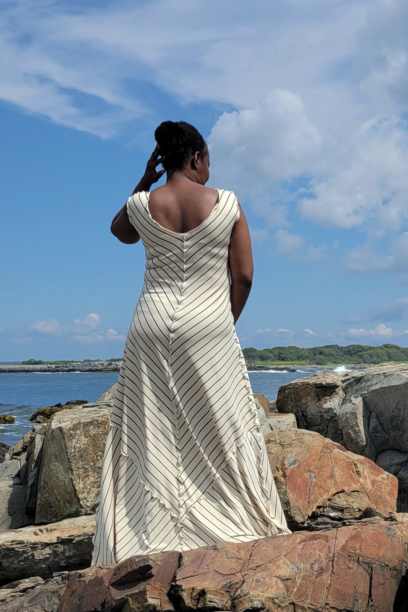 gleam bias vneck gown in yang stripe