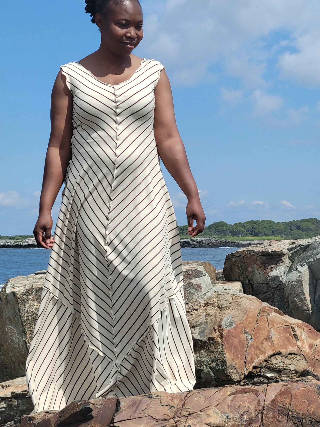 gleam bias vneck gown in yang stripe