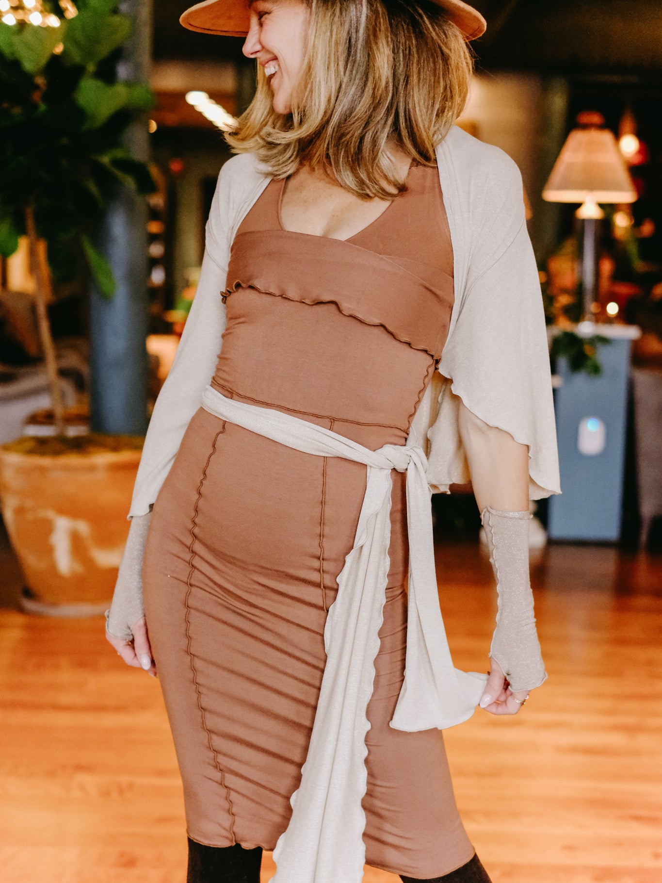 cedar pencil skirt with heaven shimmer girl wrap and champagne shimmer aria sleeves