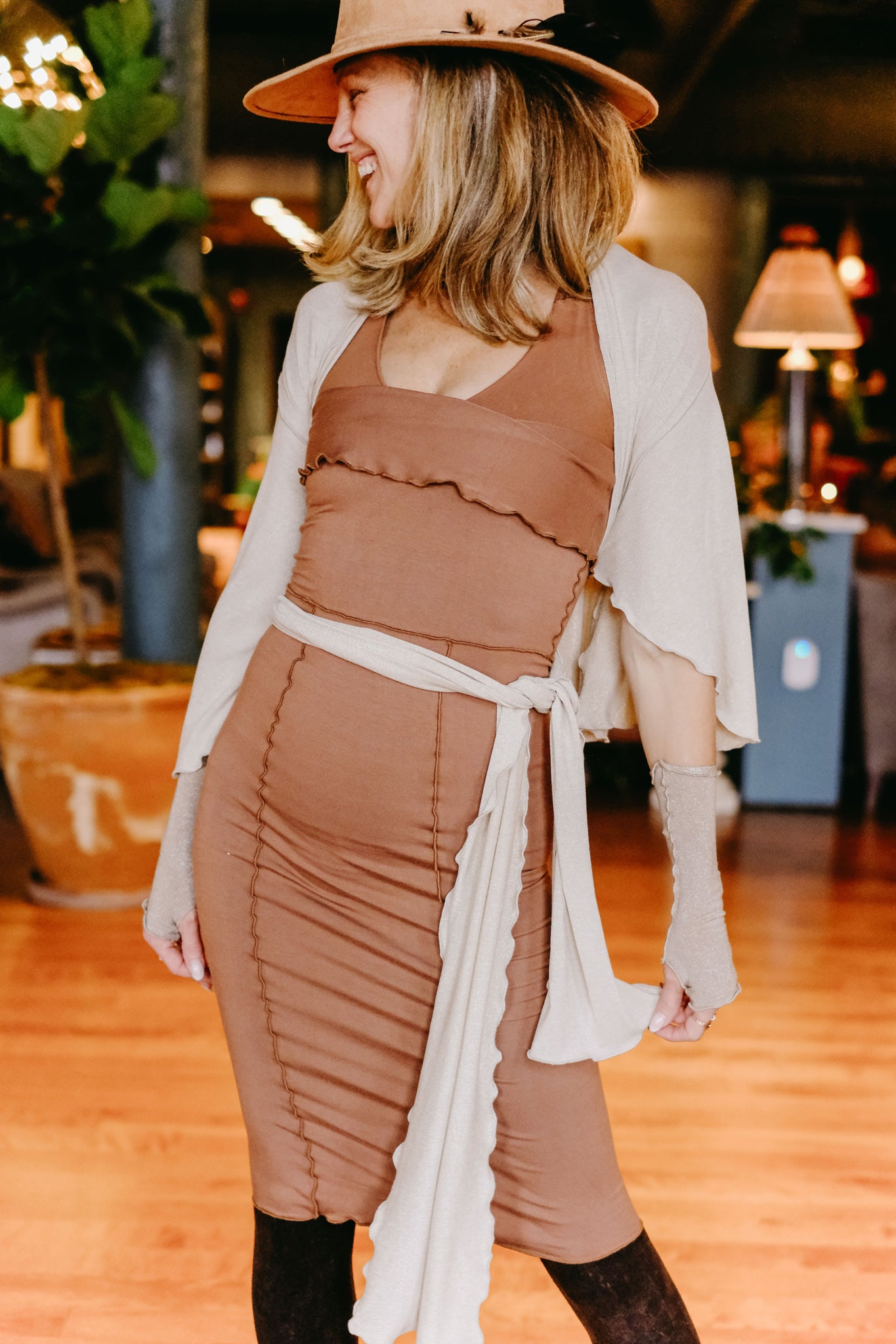 cedar pencil skirt with heaven shimmer girl wrap and champagne shimmer aria sleeves