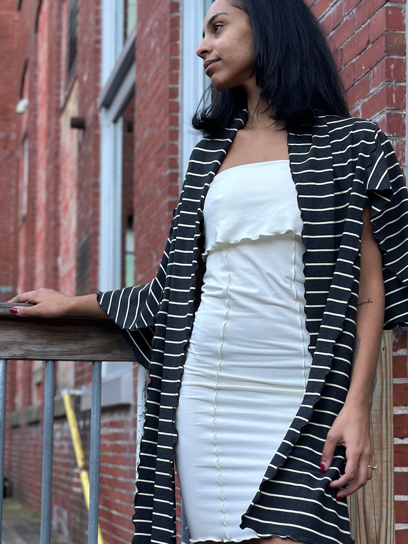 milk pencil skirt styled as dress with yin stripe girly wrap