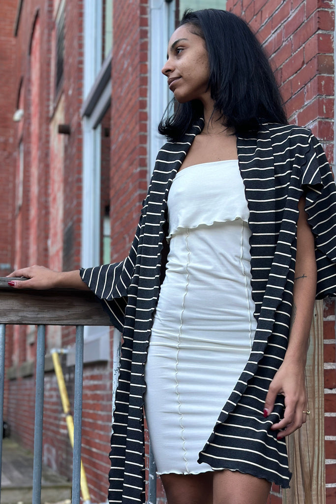 milk pencil skirt styled as dress with yin stripe girly wrap