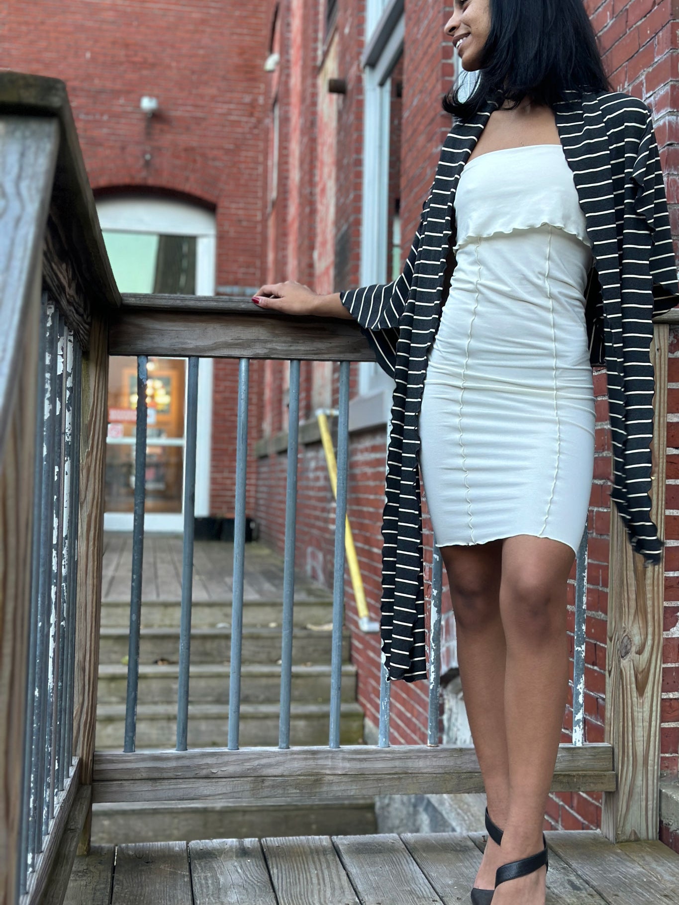 milk pencil skirt styled as dress with yin stripe girly wrap