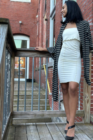 milk pencil skirt styled as dress with yin stripe girly wrap