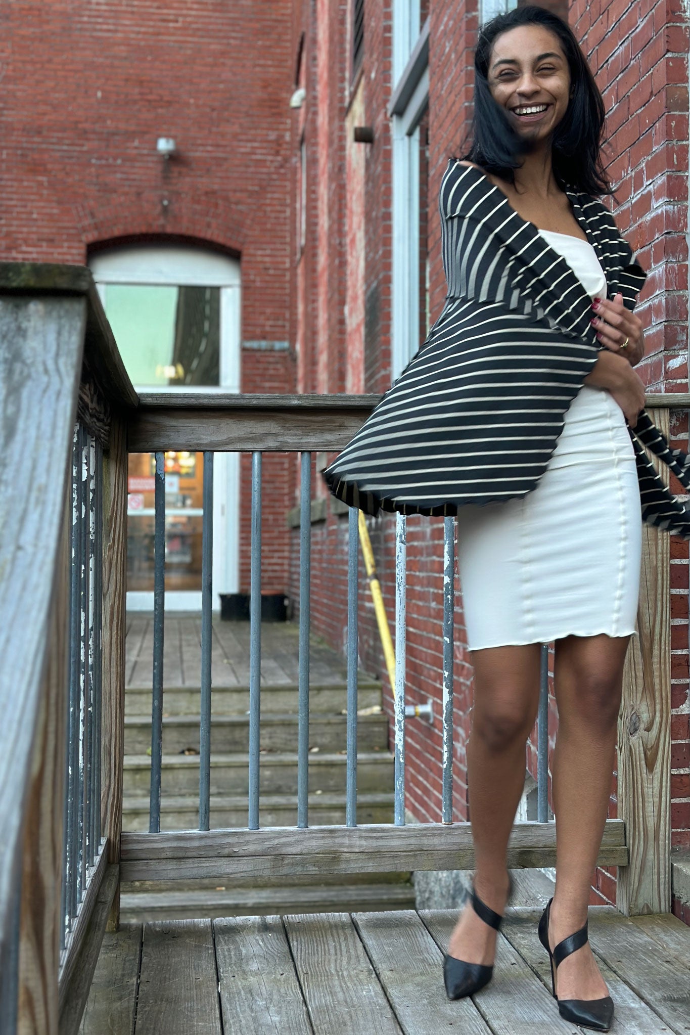 milk pencil skirt styled as dress with yin stripe girly wrap