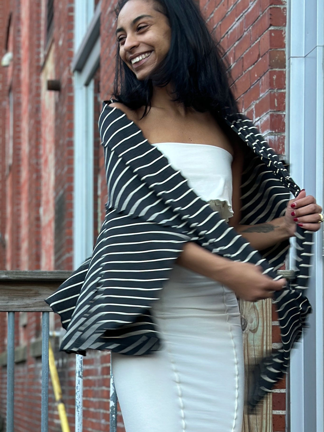 milk pencil skirt styled as dress with yin stripe girly wrap