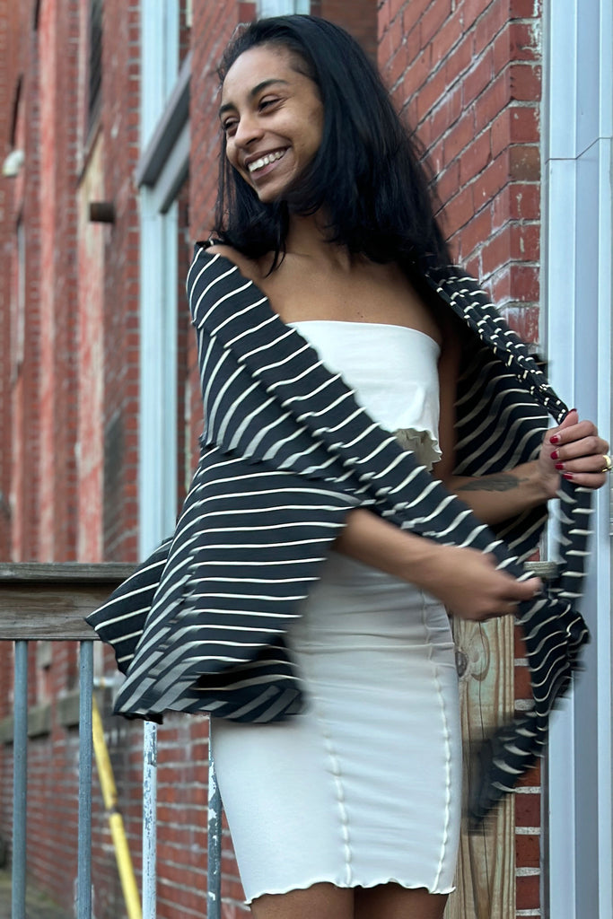 milk pencil skirt styled as dress with yin stripe girly wrap