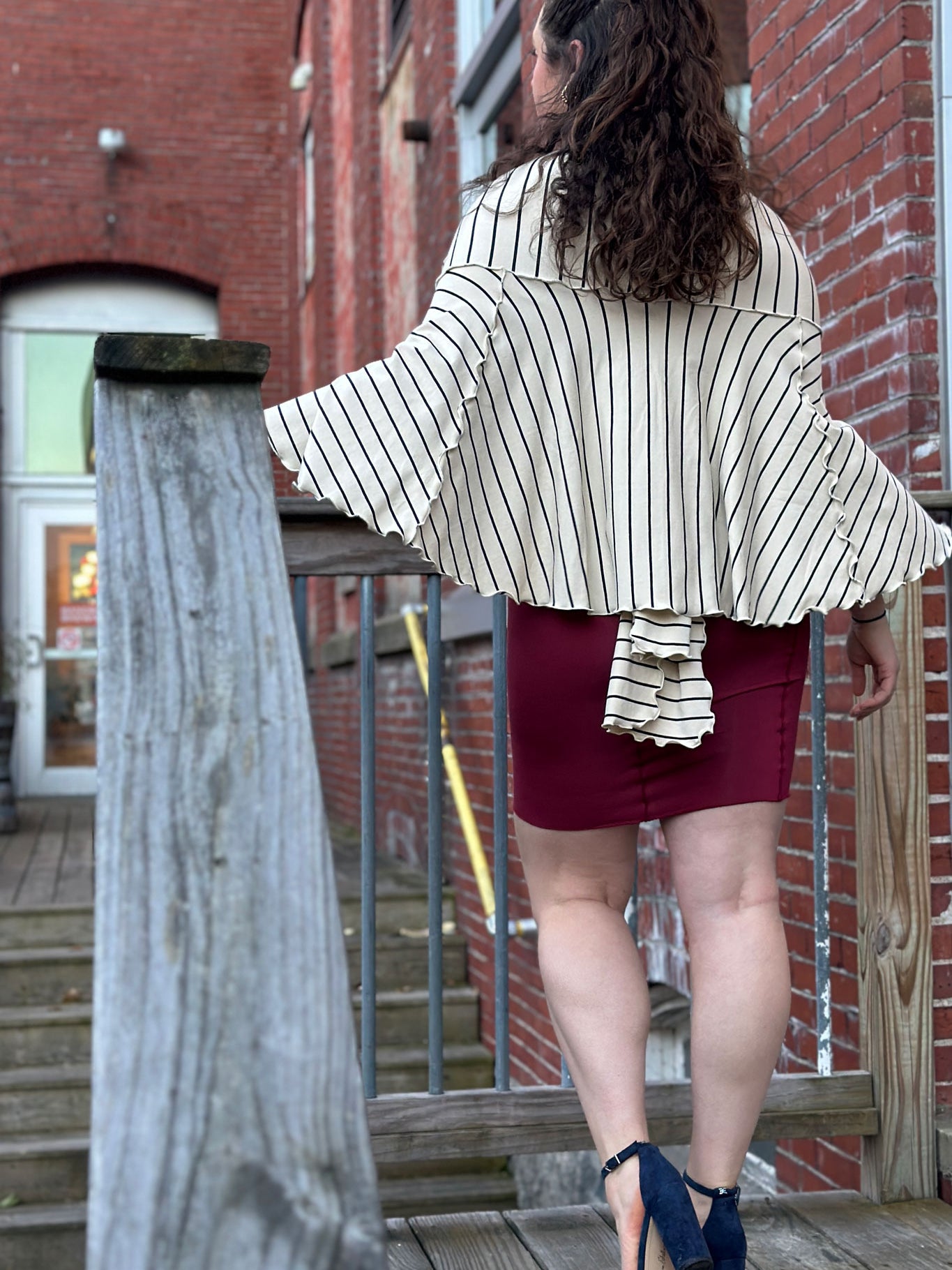 ruby pencil skirt styled as dress with yang stripe girly wrap