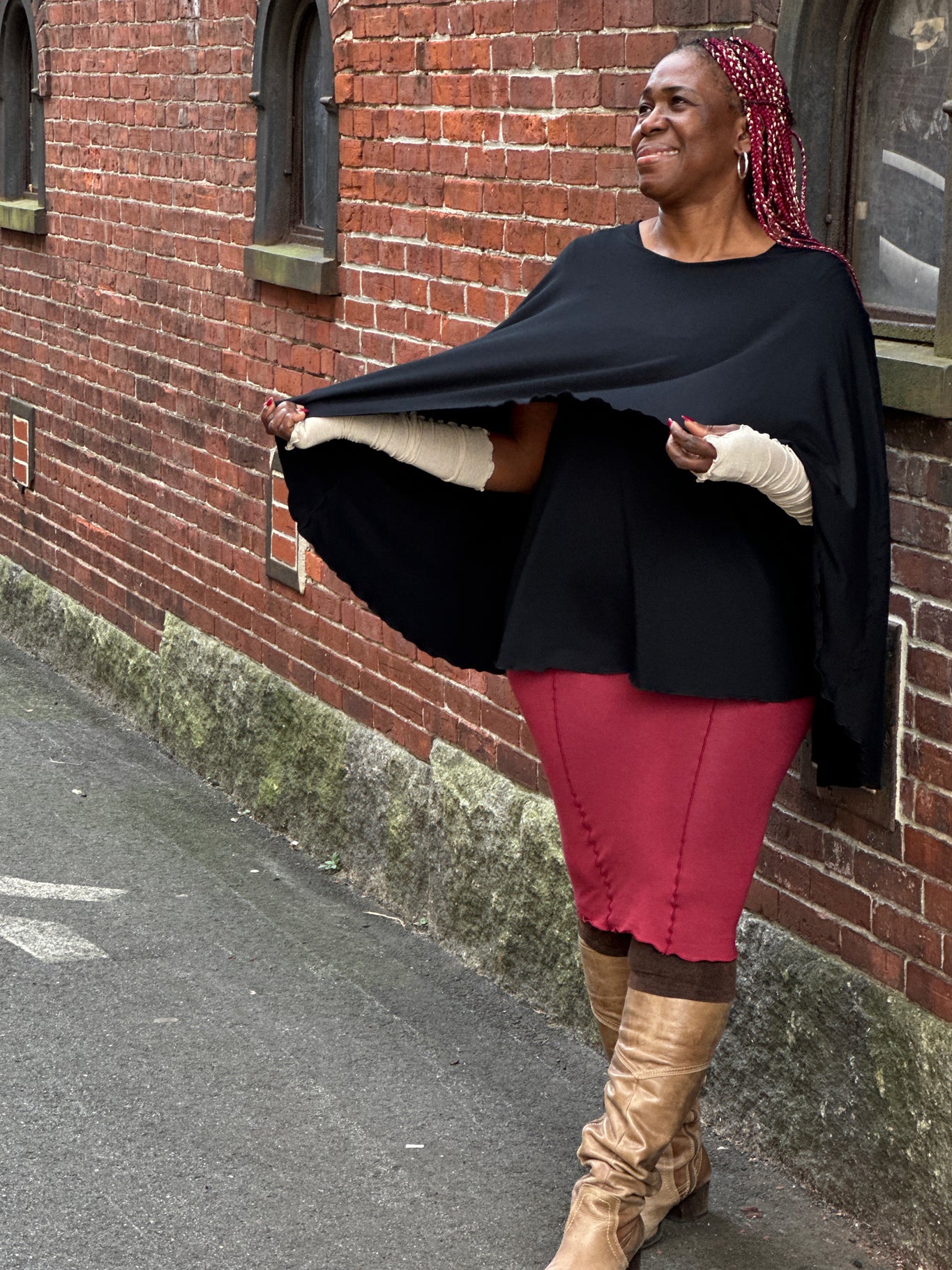 tissue black mantra with ruby pencil skirt and heaven shimmer opera sleeves
