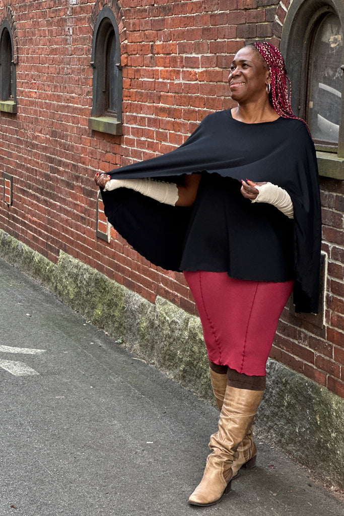 tissue black mantra with ruby pencil skirt and heaven shimmer opera sleeves