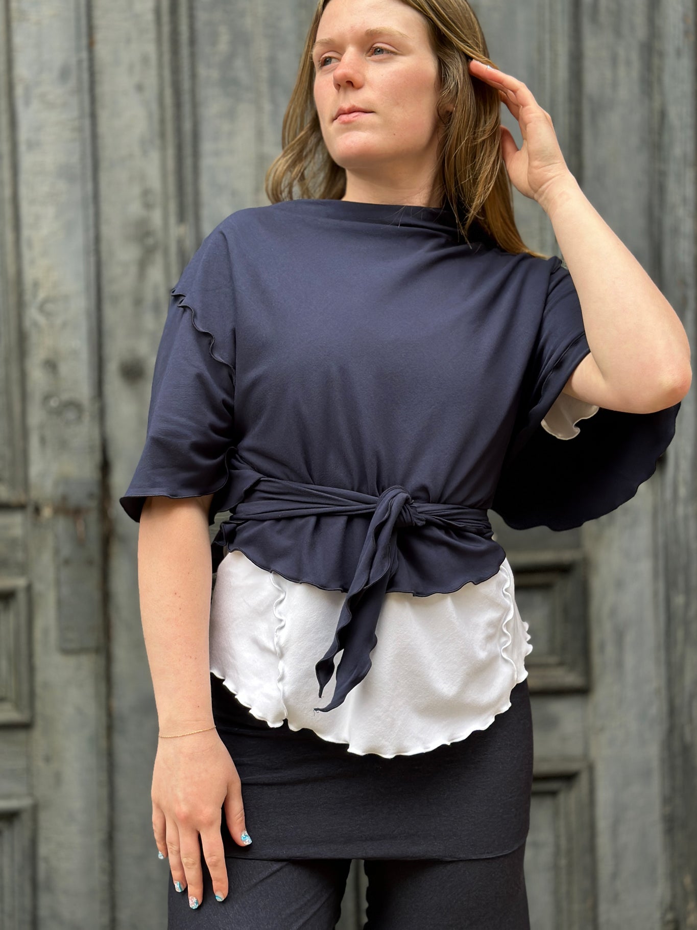 angelrox® flutter summer jacket in navy paired with white sweet t + midnight swirlsuit